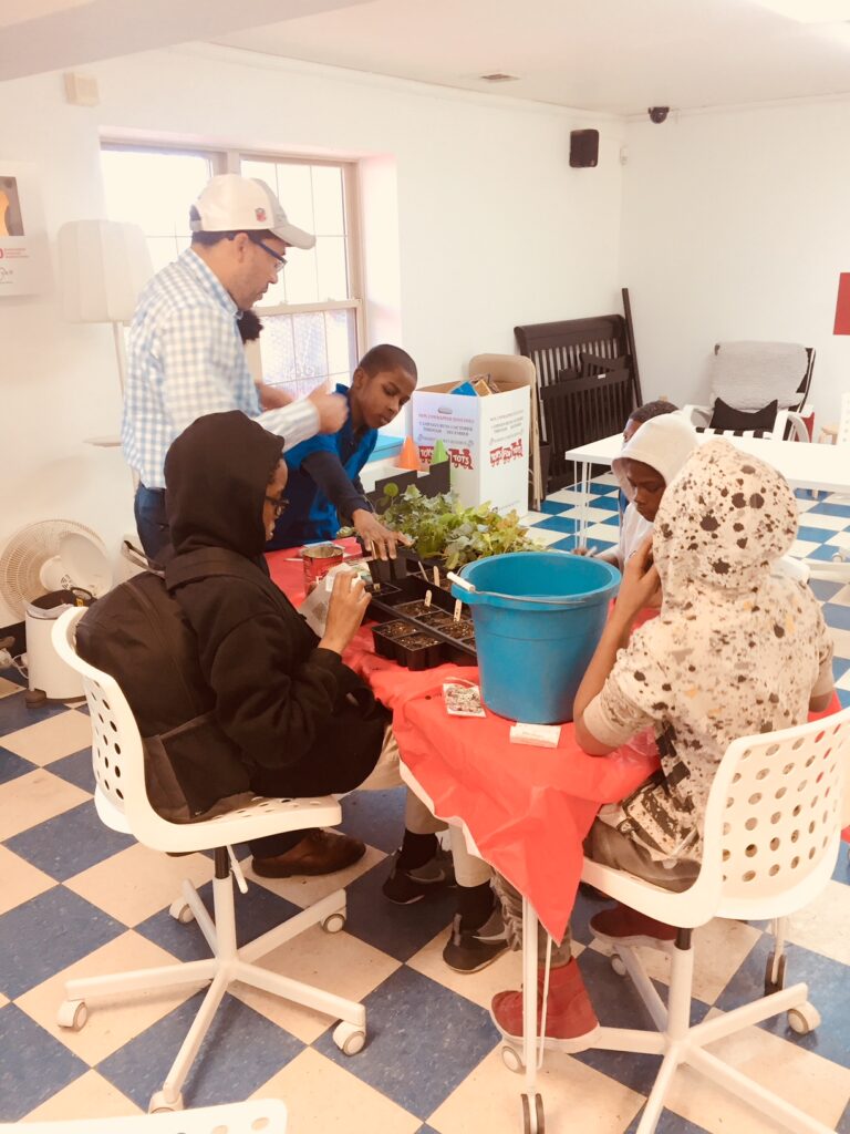 A group of people planting greenery indoors.