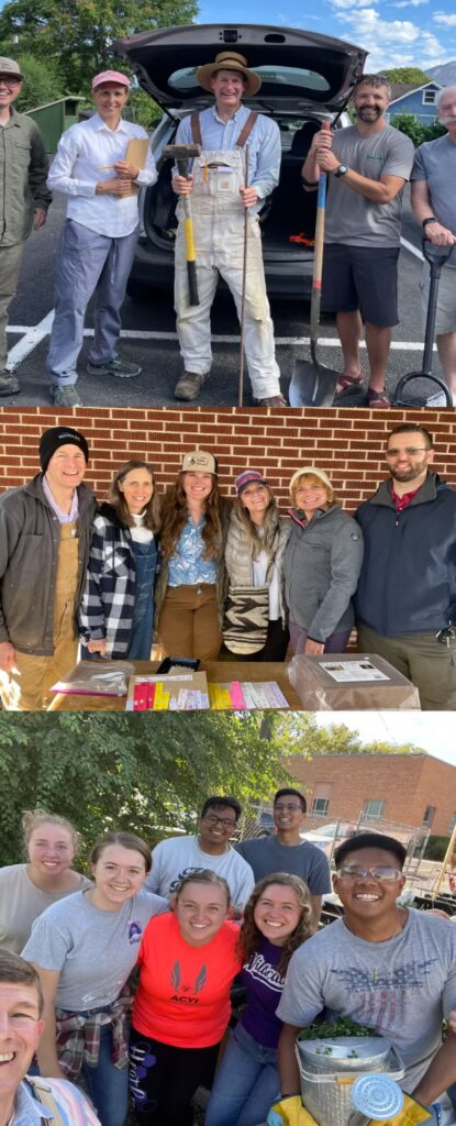 Six people smiling together at an outdoor event with a brick wall backdrop.