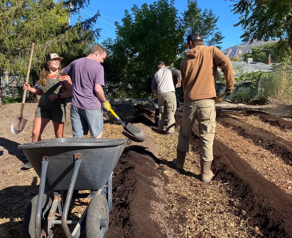 People working together to prepare soil in a garden or farm.